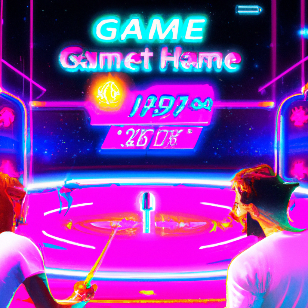 Hero: players around a glowing neon arena, stylized UI overlays